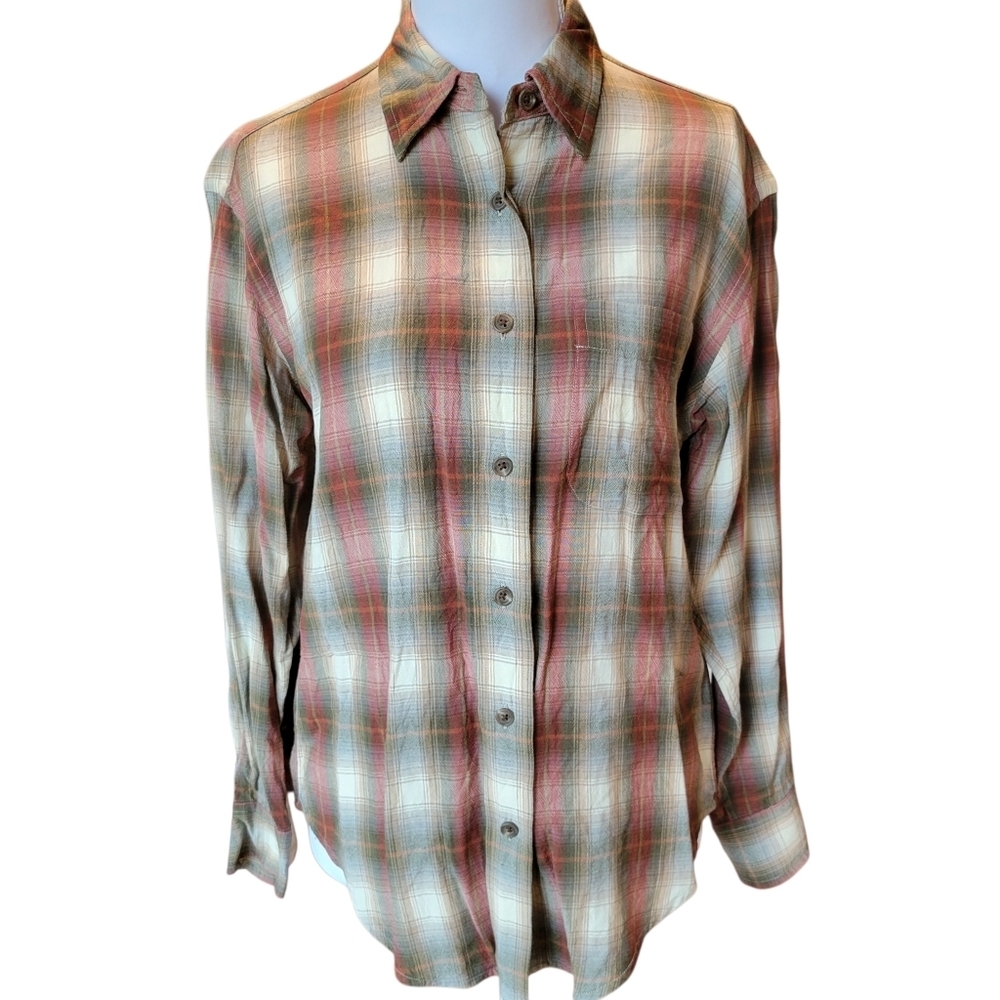 Lauren Ralph Lauren Red Tan Plaid Wool Blend Button Down Long Sleeve Top
